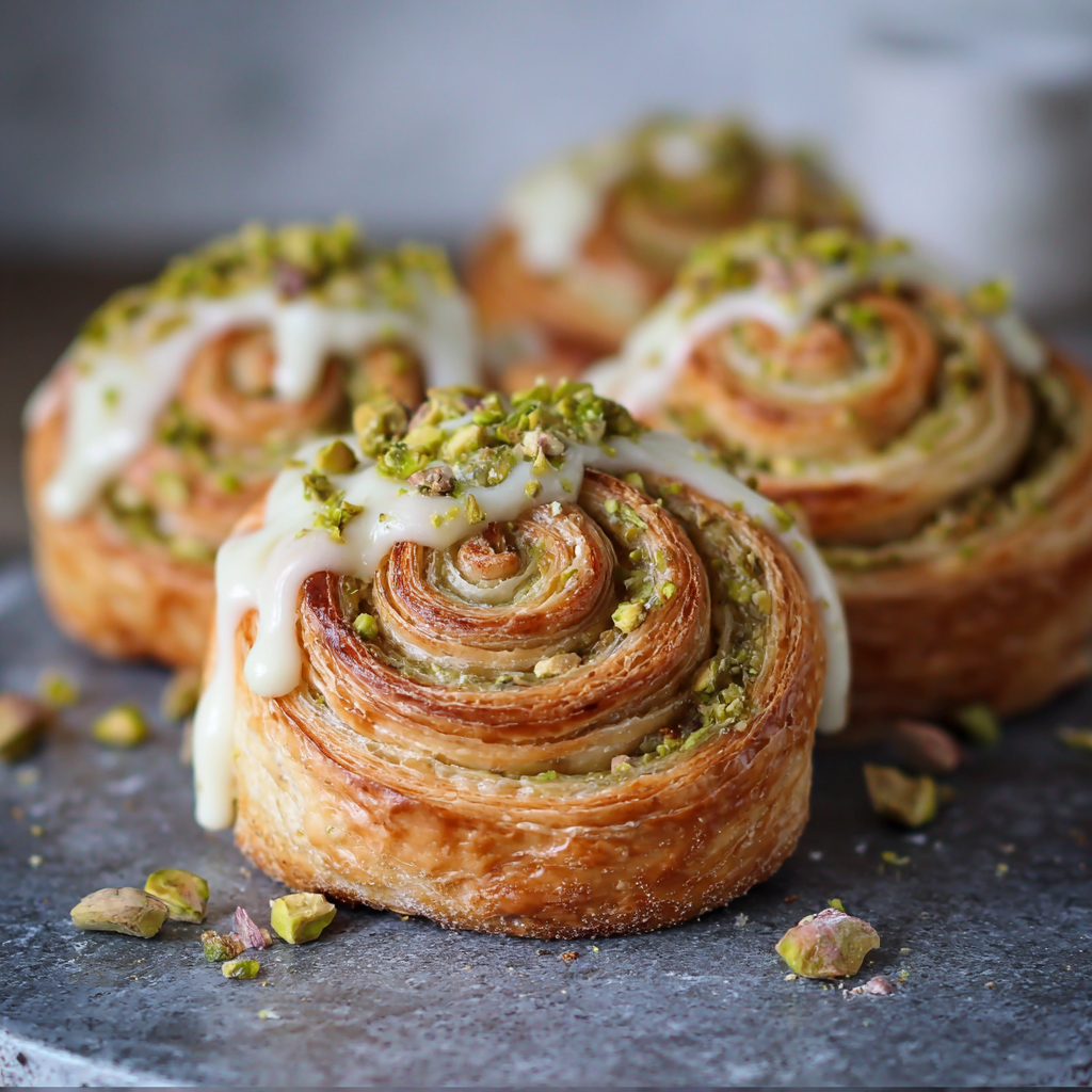 Pistachio Croissant Rolls – Stunning Treat in 5 Easy Steps 2 Close-up of pistachio croissant roll with golden layers, topped with pistachio crumble and white chocolate glaze