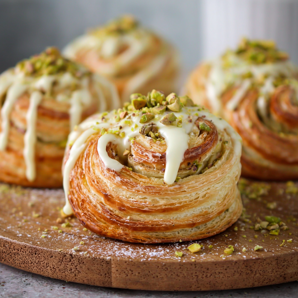 Pistachio Croissant Rolls – Stunning Treat in 5 Easy Steps 4 Freshly baked pistachio croissant roll with white chocolate glaze and chopped pistachios on a wooden board