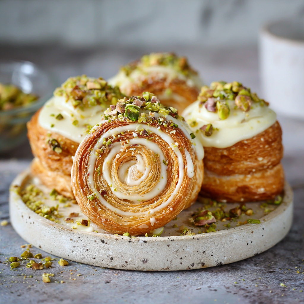Pistachio Croissant Rolls – Stunning Treat in 5 Easy Steps 3 Pistachio croissant rolls stacked on a plate with white chocolate drizzle and chopped pistachio topping